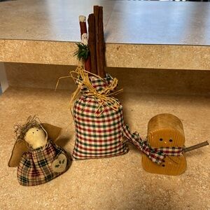 Handmade Country Cottage Christmas Decorations set of Three, Angel, Snowman etc